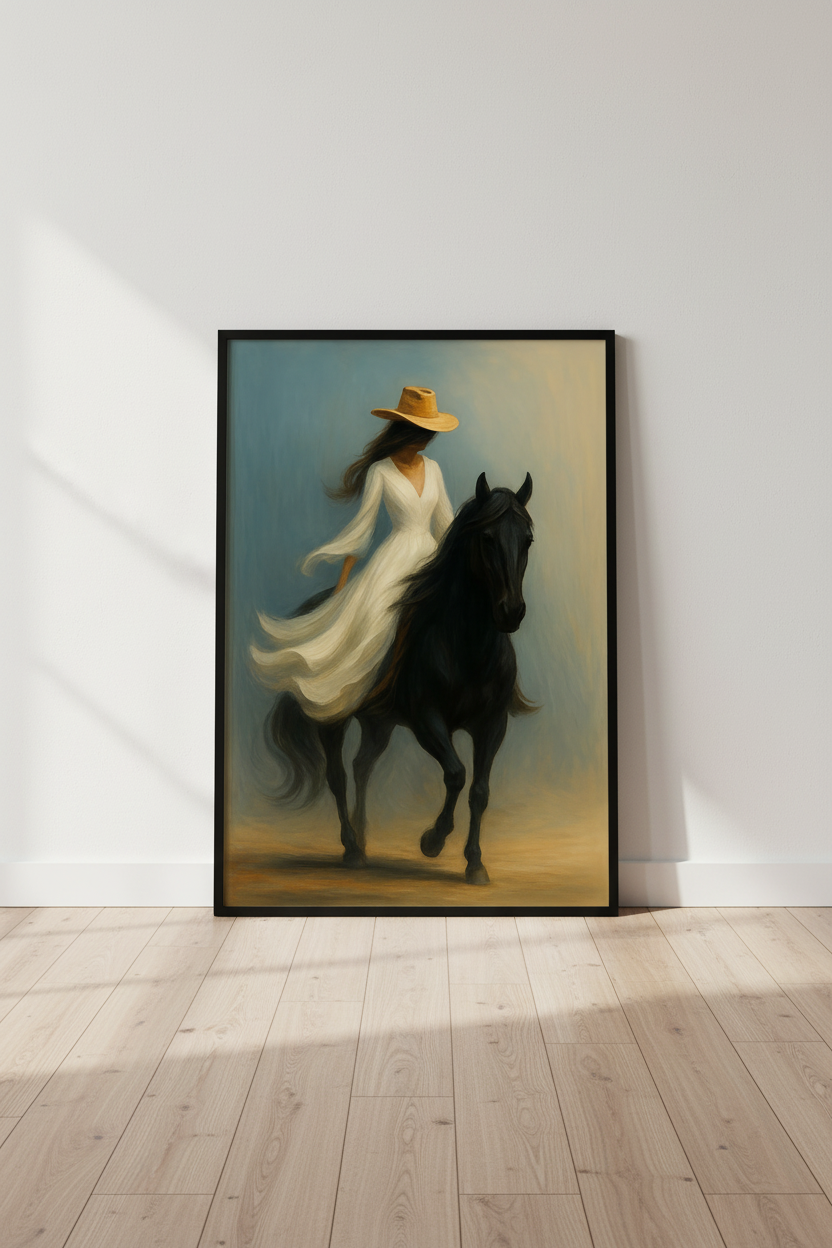 Minimalist Western Art Print | Cowgirl on Horse Wall Decor | Neutral Bohemian Poster | Farmhouse Equestrian Digital Download