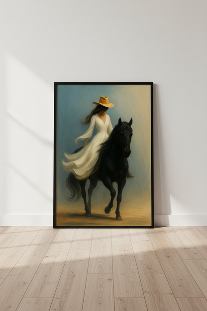Minimalist Western Art Print | Cowgirl on Horse Wall Decor | Neutral Bohemian Poster | Farmhouse Equestrian Digital Download