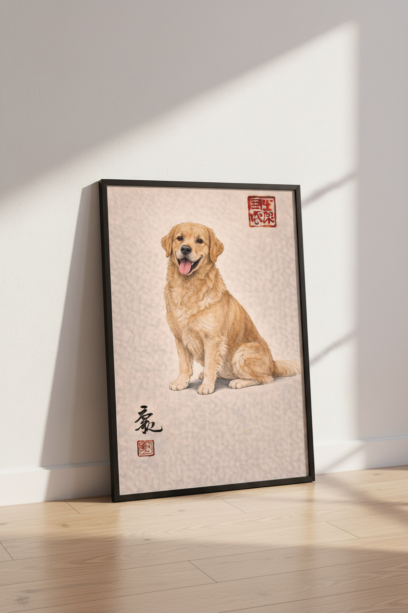 Golden Retriever Art Print | Chinese Brush Painting Dog Wall Art | Dog Lover Gift | Pet Portrait Home Decor | Animal Wall Hanging