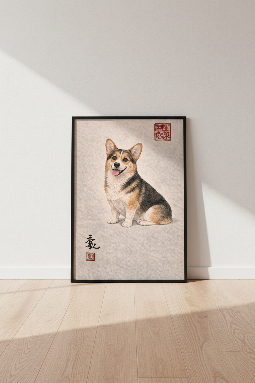 Corgi Wall Art Print, Happy Pembroke Welsh Corgi Poster, Oriental Dog Decor, Cute Puppy Home Hanging, Pet Lover Gift, Smiling Corgi Art