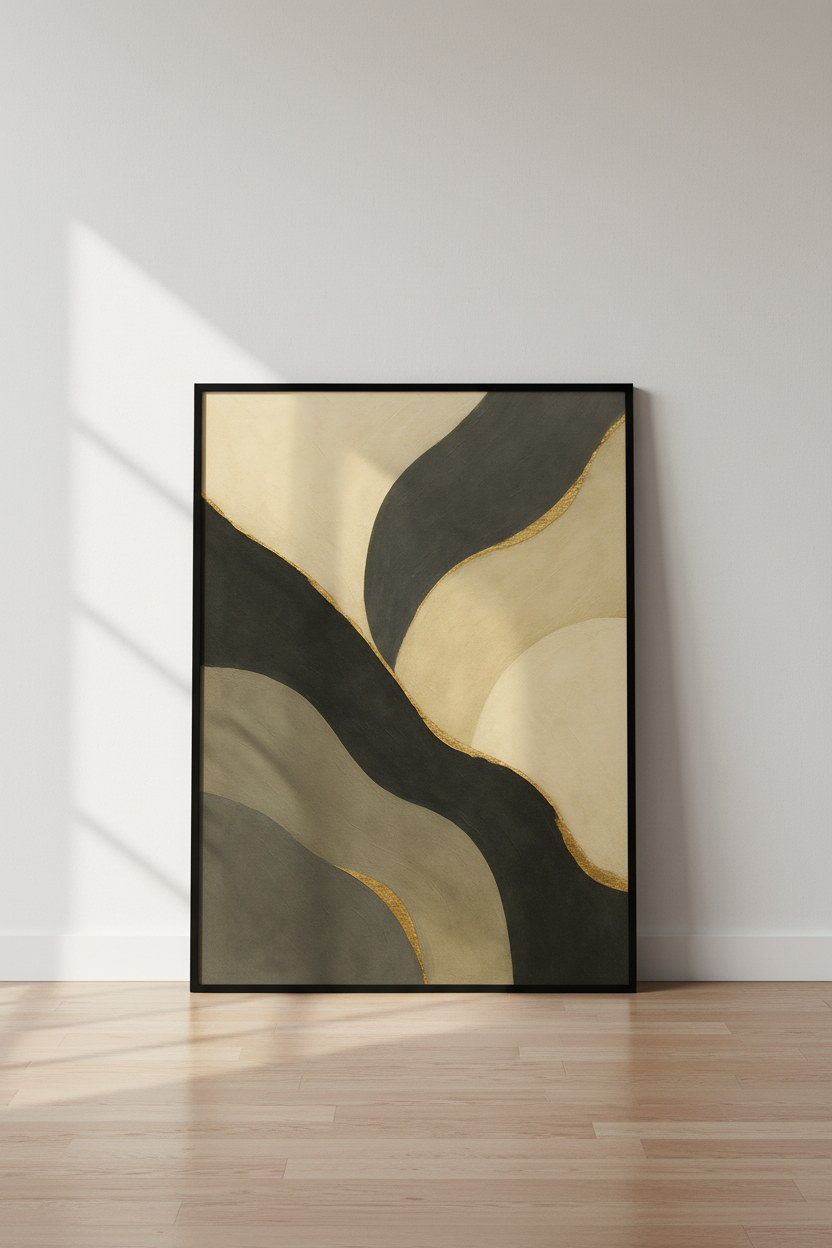 Abstract Waves Wall Art Print | Modern Gold Black Beige Decor | Aesthetic Living Room Poster | Minimalist Bedroom Artwork