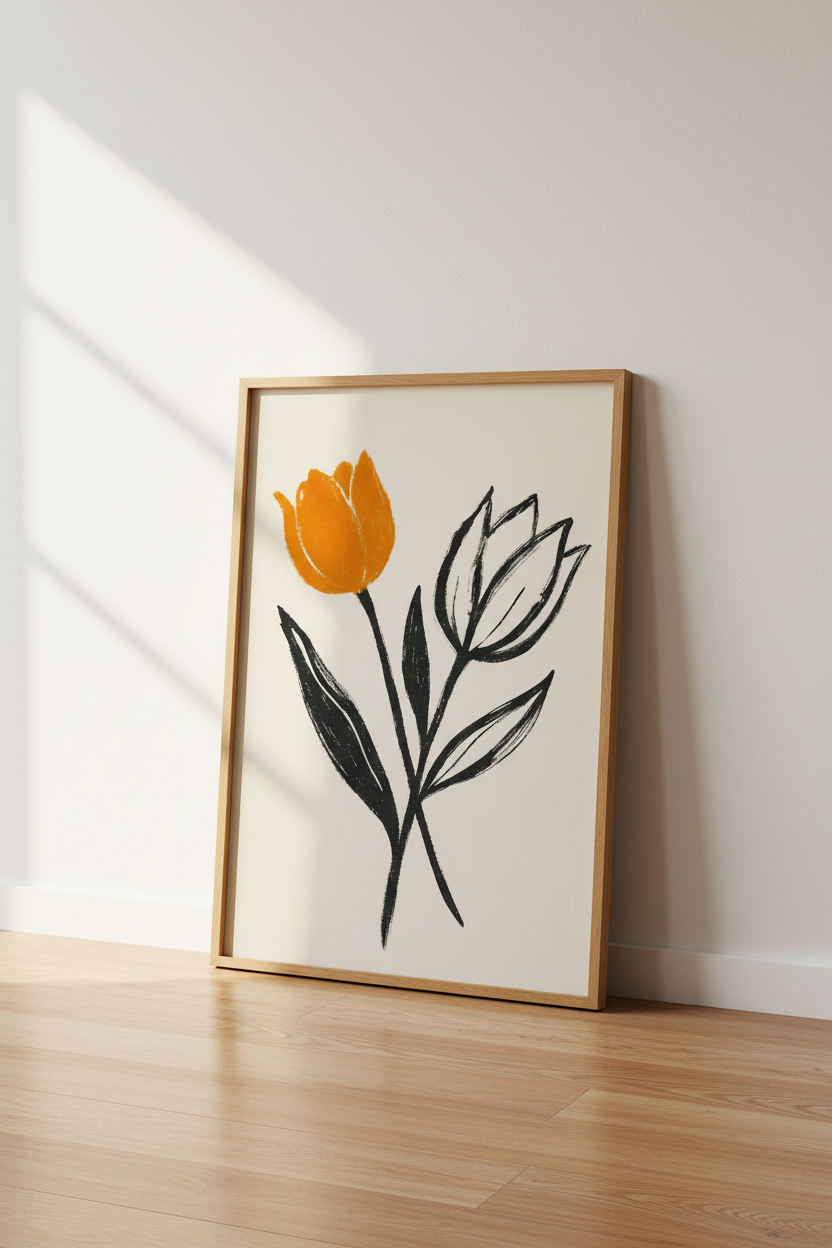 Minimalist Floral Framed Art Print | Boho Abstract Tulip Wall Decor | Orange &amp; Black Botanical Ready to Hang Poster