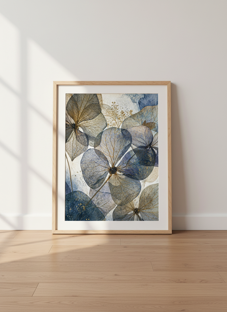 Pressed Botanical Hydrangea Print | Blue Gold Floral Abstract Art, Bedroom Decor