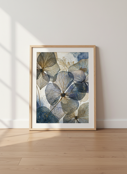 Pressed Botanical Hydrangea Print | Blue Gold Floral Abstract Art, Bedroom Decor