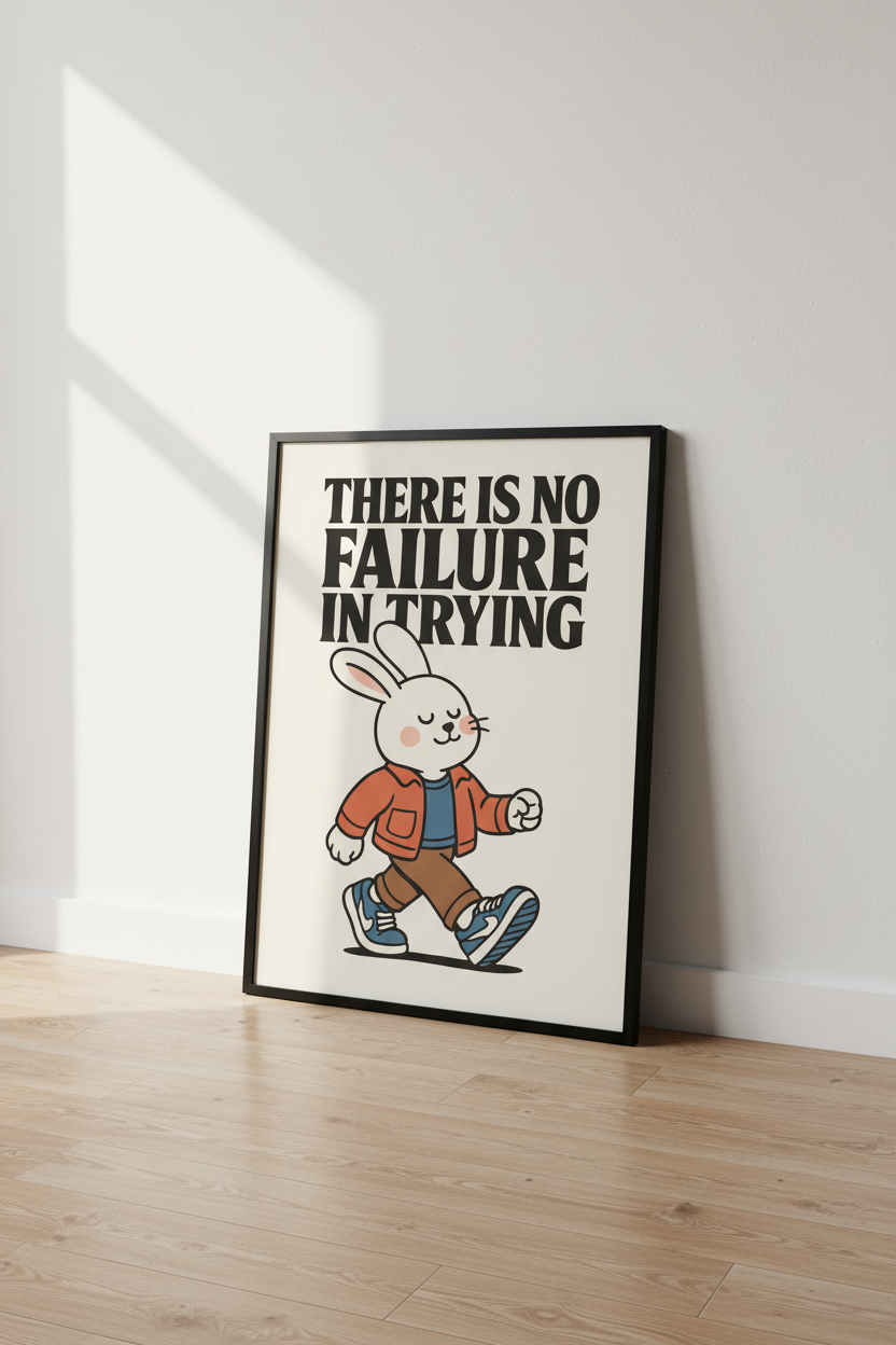Inspirational Bunny Wall Art Print: No Failure in Trying Quote Poster, Motivational Home Decor, Cute Animal Art Gift