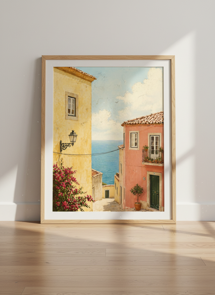 Mediterranean Alley Ocean View | Coastal House Decor, European Summer Wall Art