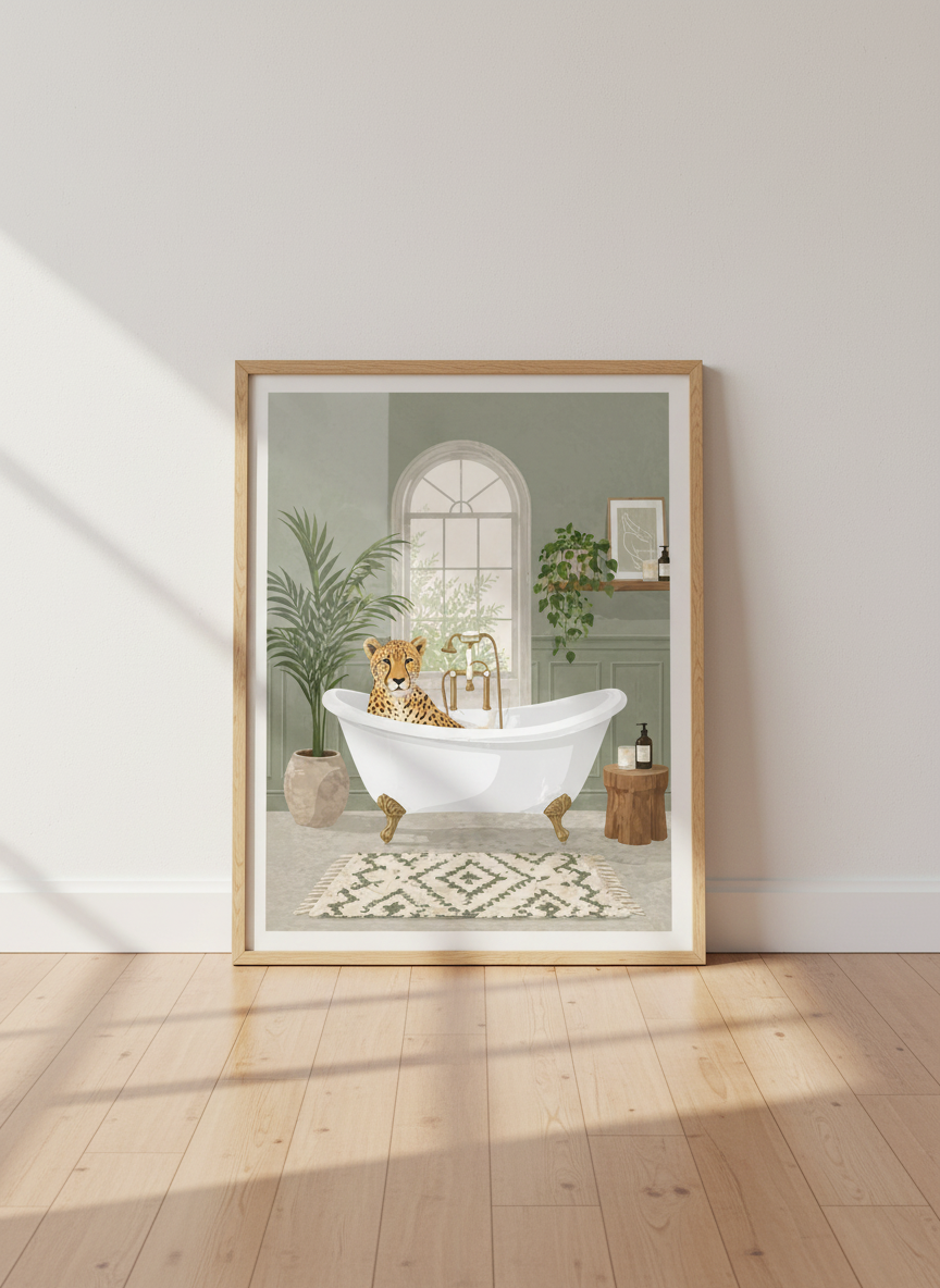 Bohemian Cheetah Bathtub Wall Art Print | Boho Bathroom Decor | Eclectic Animal Poster | Muted Green Wall Art
