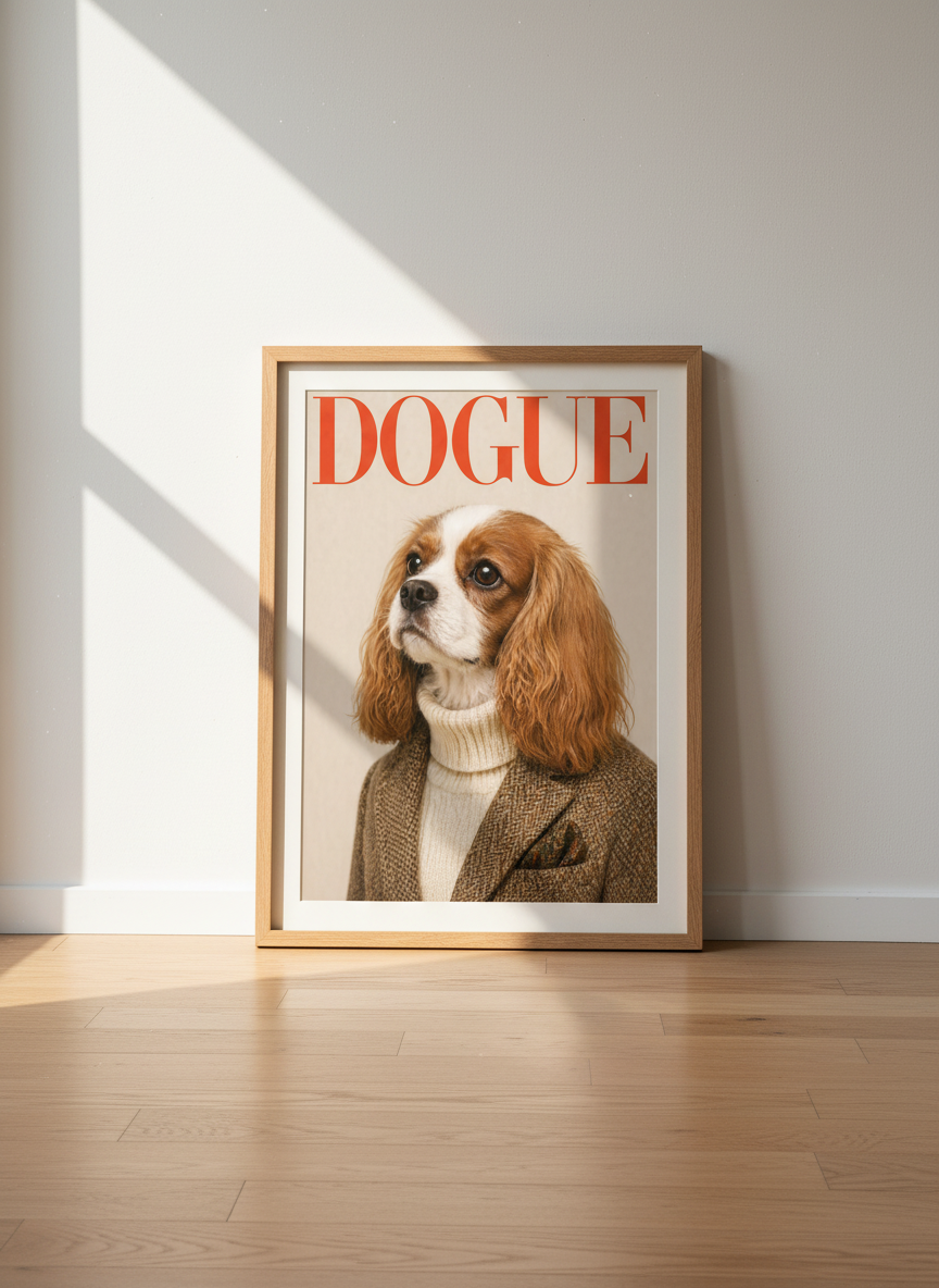 Humorous Cavalier King Charles Dog Art Print | Dogue Magazine Framed Wall Art | Dog Lover Gift | Aesthetic Home Decor