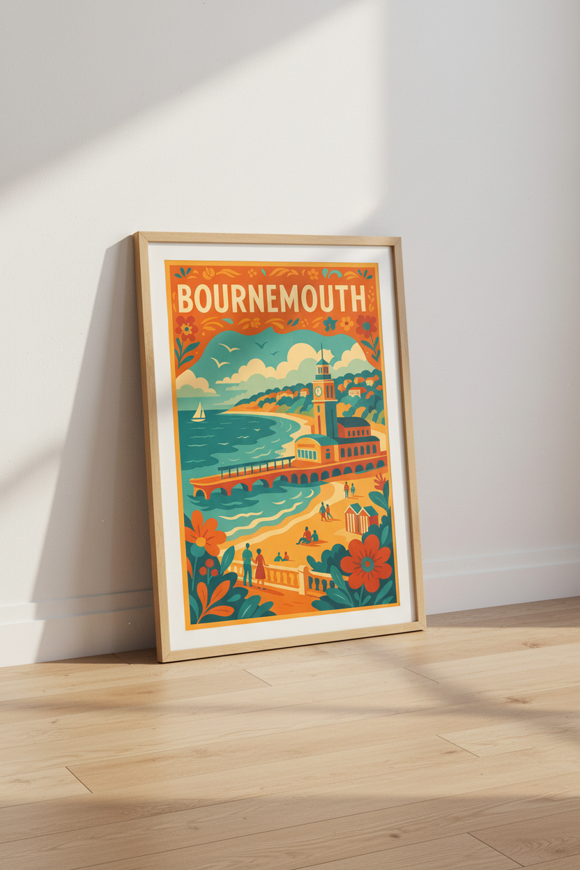 Retro Travel Bournemouth Art Print | UK Coastline Wall Art | Beach House Decor | Mid-Century Modern Poster | Vibrant Travel Gift