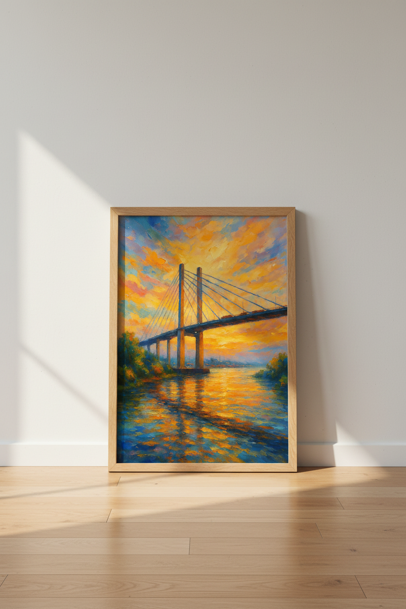 Impressionist Bridge Wall Art Print | Vibrant Sunset River Decor | Modern Landscape Poster | Colorful Home Cityscape