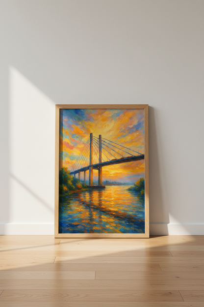 Impressionist Bridge Wall Art Print | Vibrant Sunset River Decor | Modern Landscape Poster | Colorful Home Cityscape