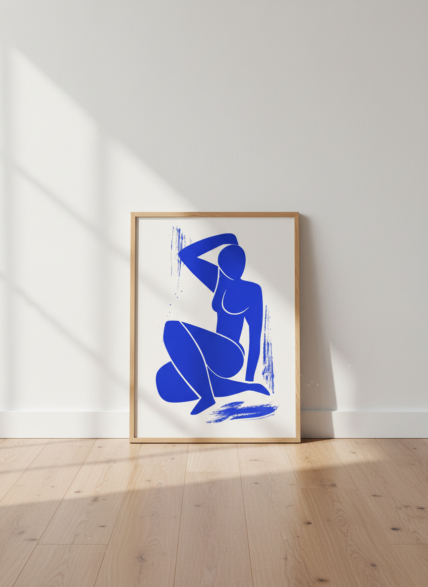 Minimalist Nude Figure Wall Art | Blue Abstract Woman Print, Bedroom Decor