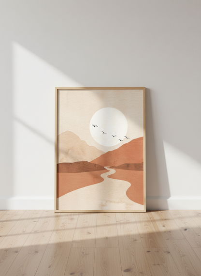 Boho Desert Mountain River Wall Art Print | Minimalist Living Room Decor | Earthy Landscape Poster | Abstract Sun &amp; Birds