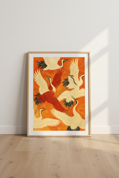 Japanese Cranes Wall Art Print | Vibrant Living Room Decor | Asian Aesthetic Framed Poster | Ready to Hang Bird Art
