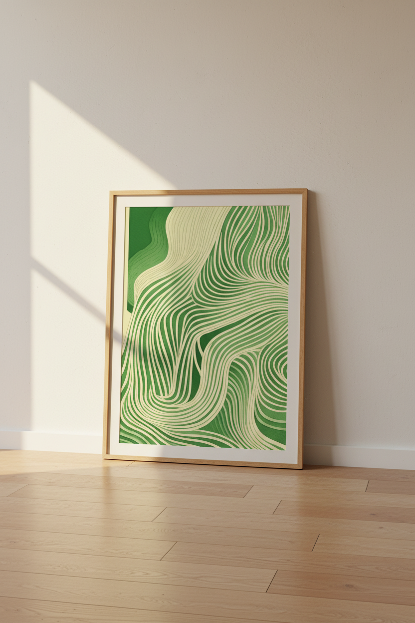 Abstract Wavy Line Art Print | Organic Modern Wall Decor | Green Beige Aesthetic Poster | Mid-Century Zen Graphic Design