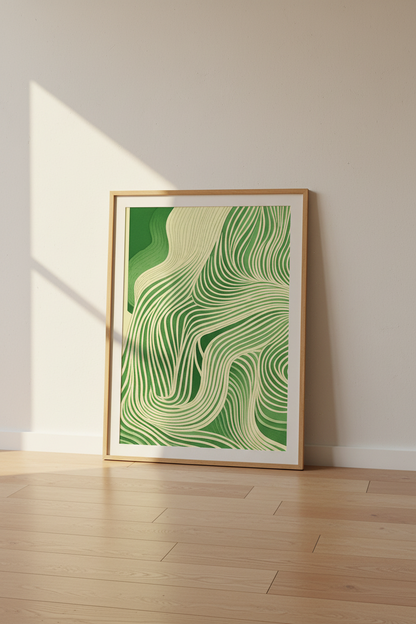 Abstract Wavy Line Art Print | Organic Modern Wall Decor | Green Beige Aesthetic Poster | Mid-Century Zen Graphic Design