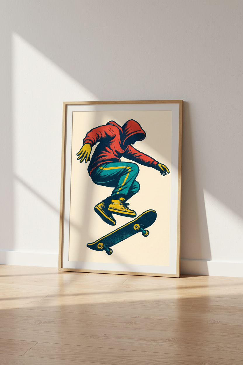 Retro Skateboarder Wall Art Print | Teen Room Decor | Urban Skater Kid Framed Poster | Ready to Hang Art Gift