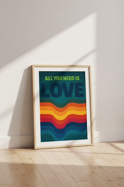 Retro Love Wall Art Print | Mid Century Home Decor | Hippie Aesthetic Framed Poster | All You Need Is Love Quote Art