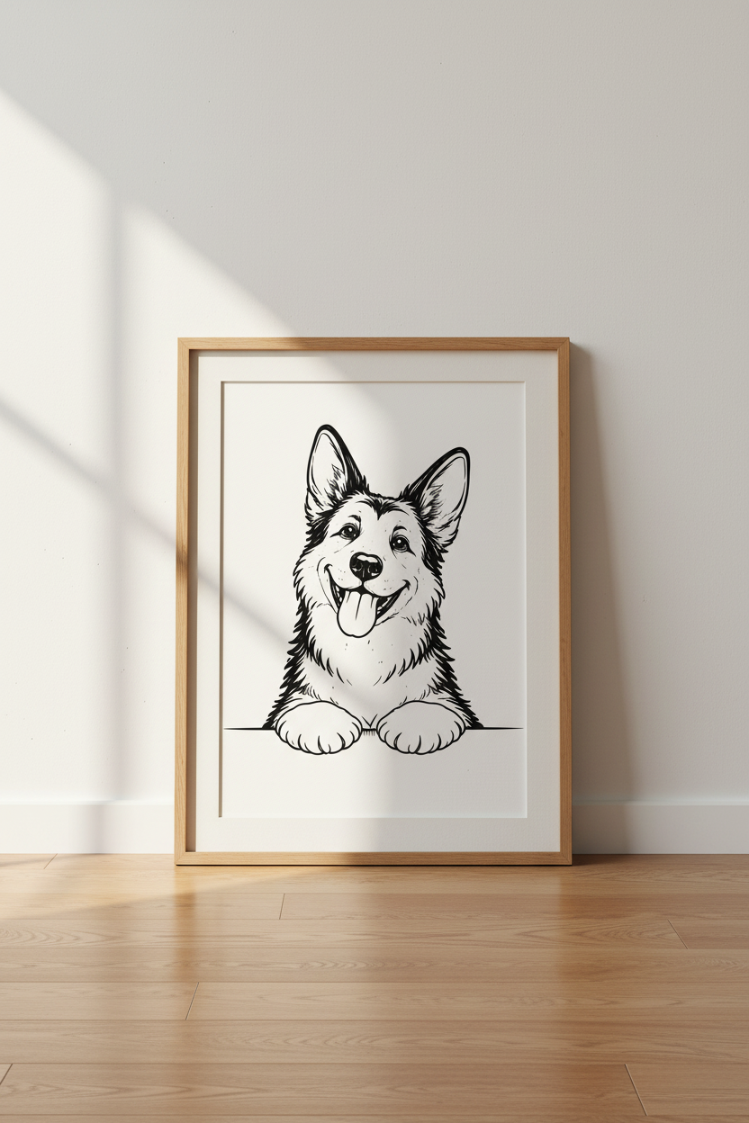 Corgi Outline Wall Art Print | Dog Lover Decor | Minimalist Poster | Cute Pet Print | Happy Corgi Art | Kids Room Decor