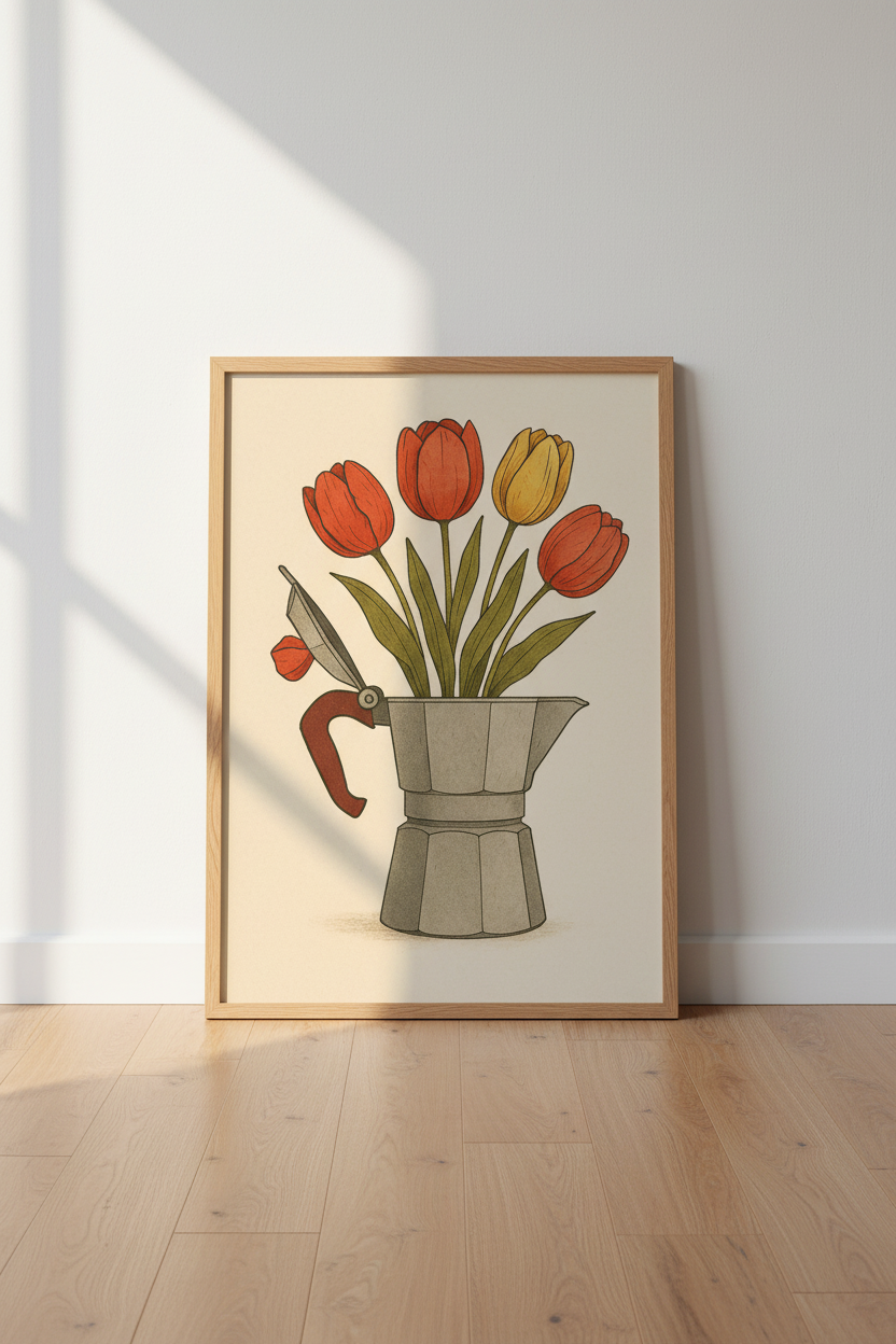 Retro Floral Moka Pot Wall Art Print | Kitchen Decor | Vintage Aesthetic Framed Poster | Coffee Lover Gift Ready to Hang