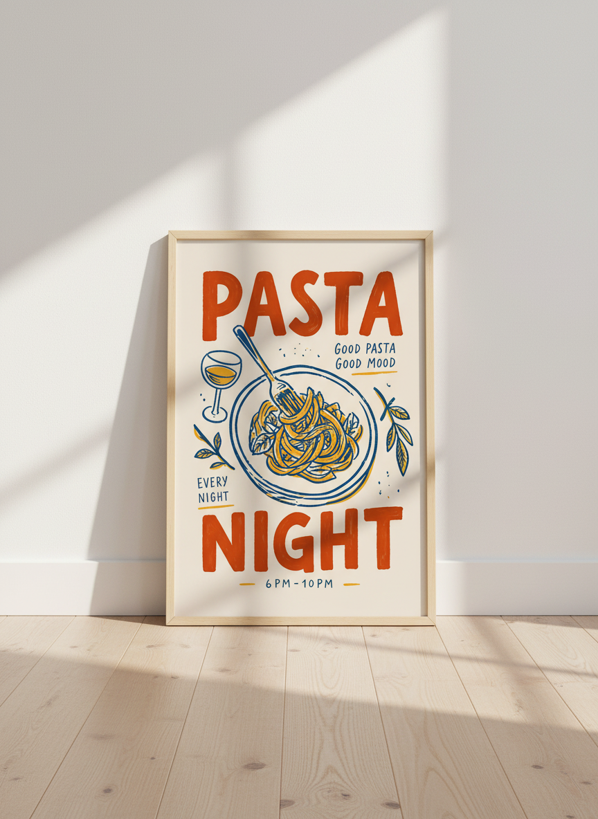 Pasta Night Kitchen Art | Retro Food Poster, Italian Restaurant Decor, Dining Nook