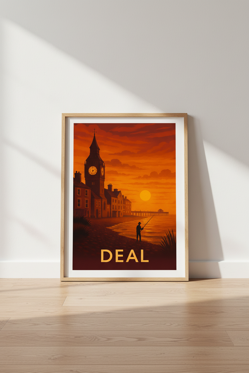 Retro Travel Poster | Deal Coastal Sunset Wall Art Print | Mid-Century Modern Room Decor | Framed Beach Scene Artwork
