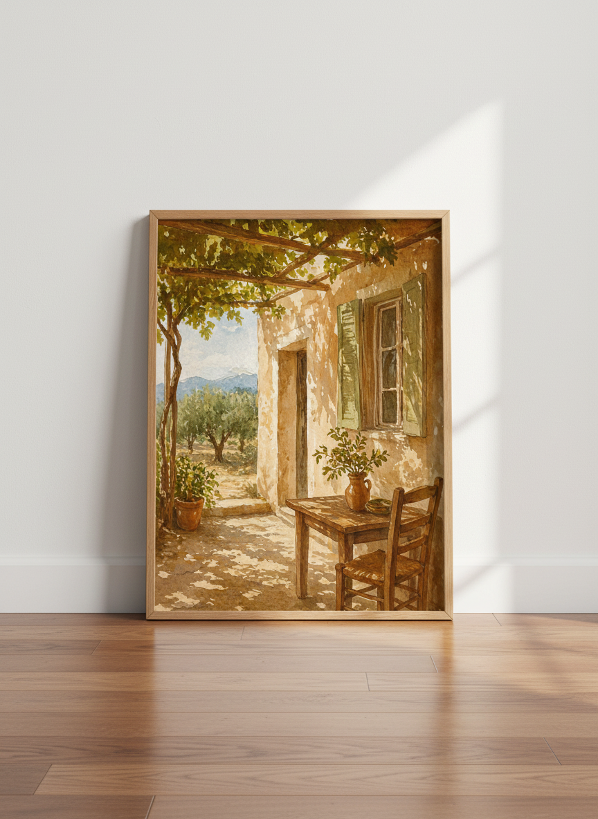 Watercolor Tuscan Patio Wall Art Print | Mediterranean Home Decor | Rustic Farmhouse Poster | Italian Landscape Painting