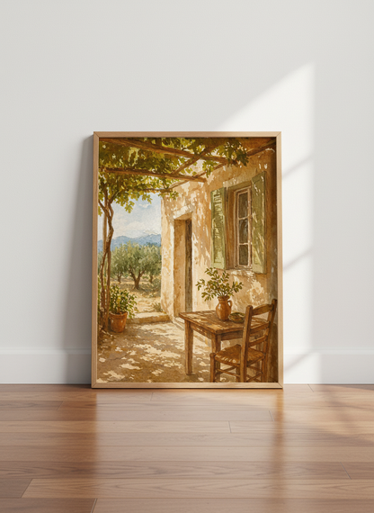 Watercolor Tuscan Patio Wall Art Print | Mediterranean Home Decor | Rustic Farmhouse Poster | Italian Landscape Painting