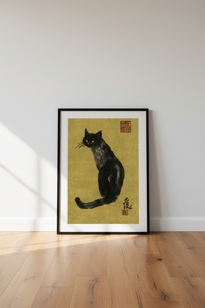 Black Cat Art Print, Japanese Sumi-e Ink Wash Painting, Gold Background, Zen Wall Art, Oriental Animal Home Decor, Framed Poster