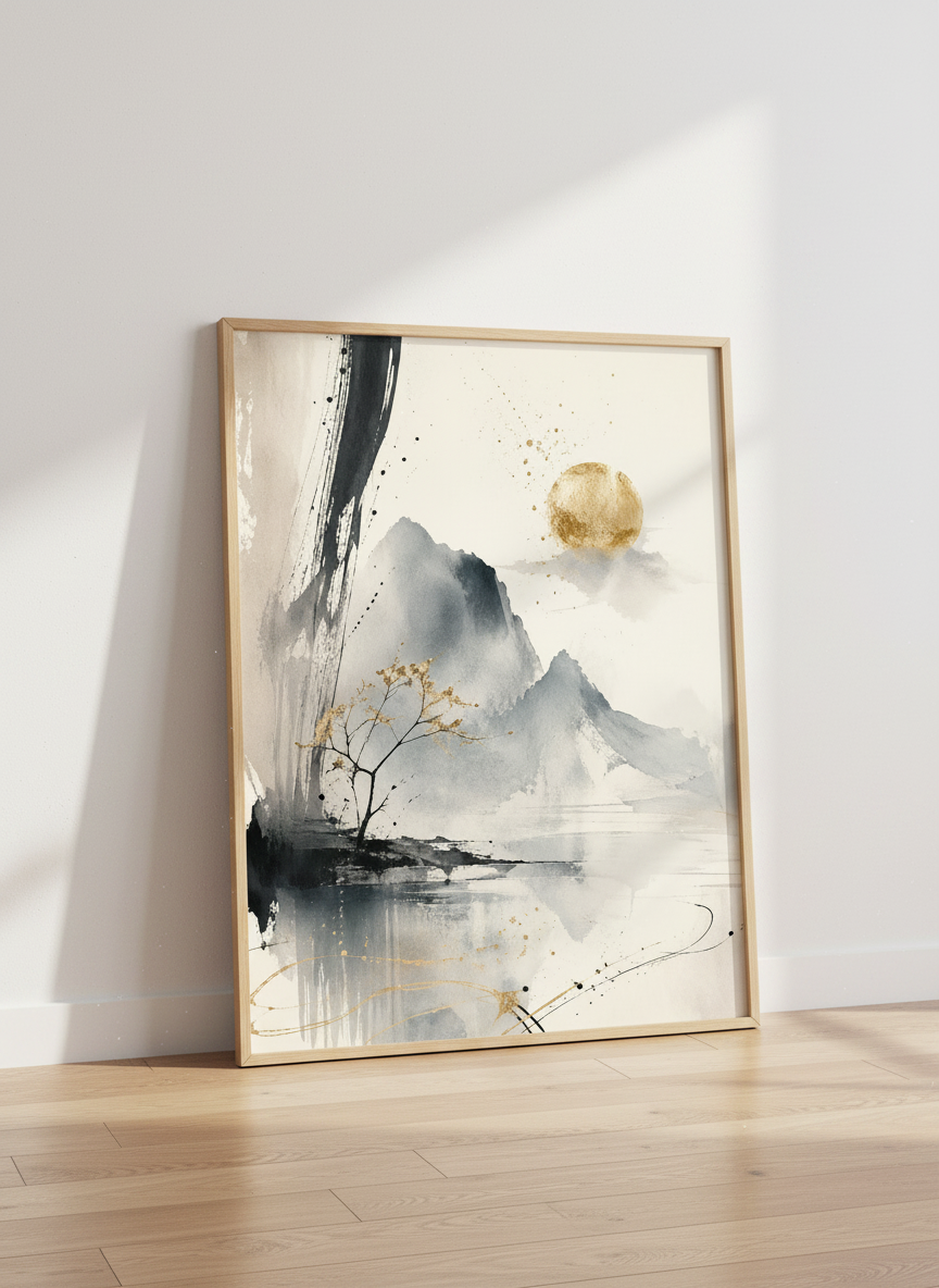 Zen Mountain Landscape Print | Gold Cherry Blossom Wall Art, Japanese Decor