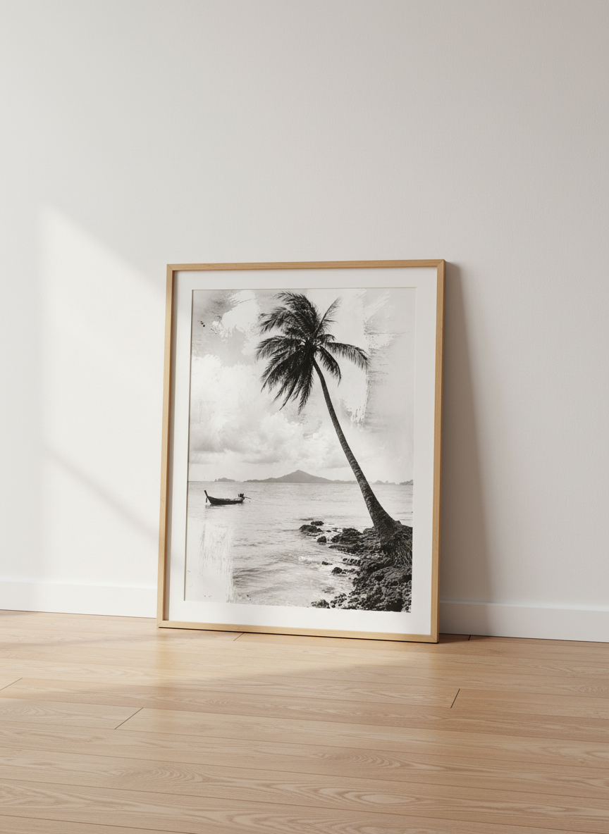 Coastal Palm Tree Beach Print | Zen Serene Landscape Art | Black White Coastal Decor