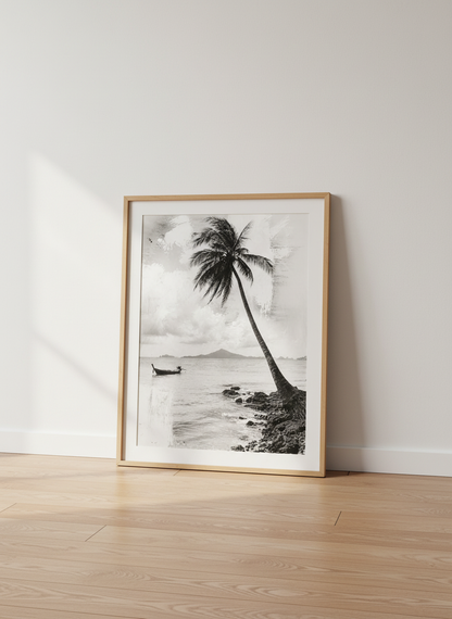 Coastal Palm Tree Beach Print | Zen Serene Landscape Art | Black White Coastal Decor