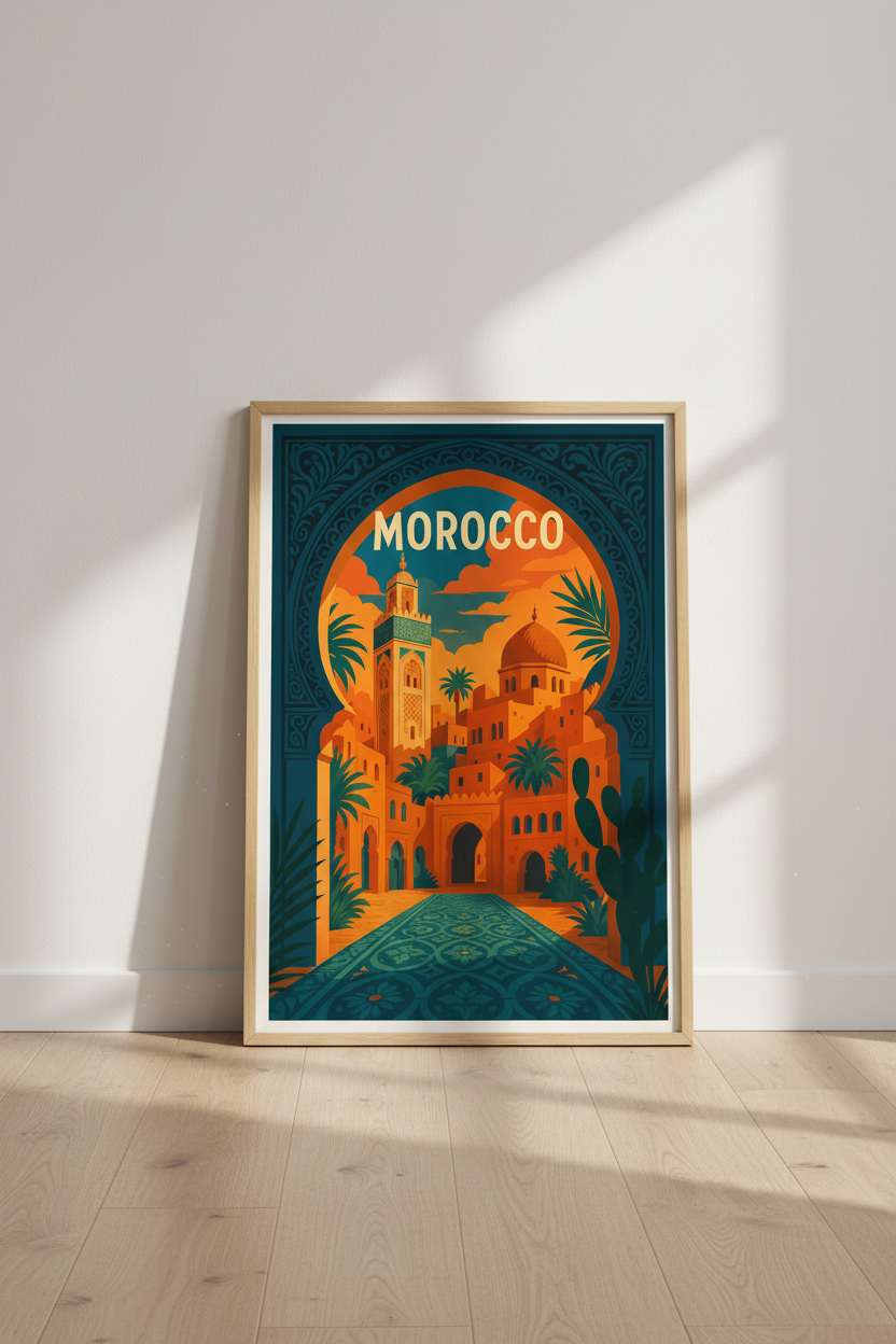 Moroccan Cityscape Framed Wall Art | Morocco Travel Poster | Boho Living Room Decor | Vivid Desert Aesthetic Framed Print