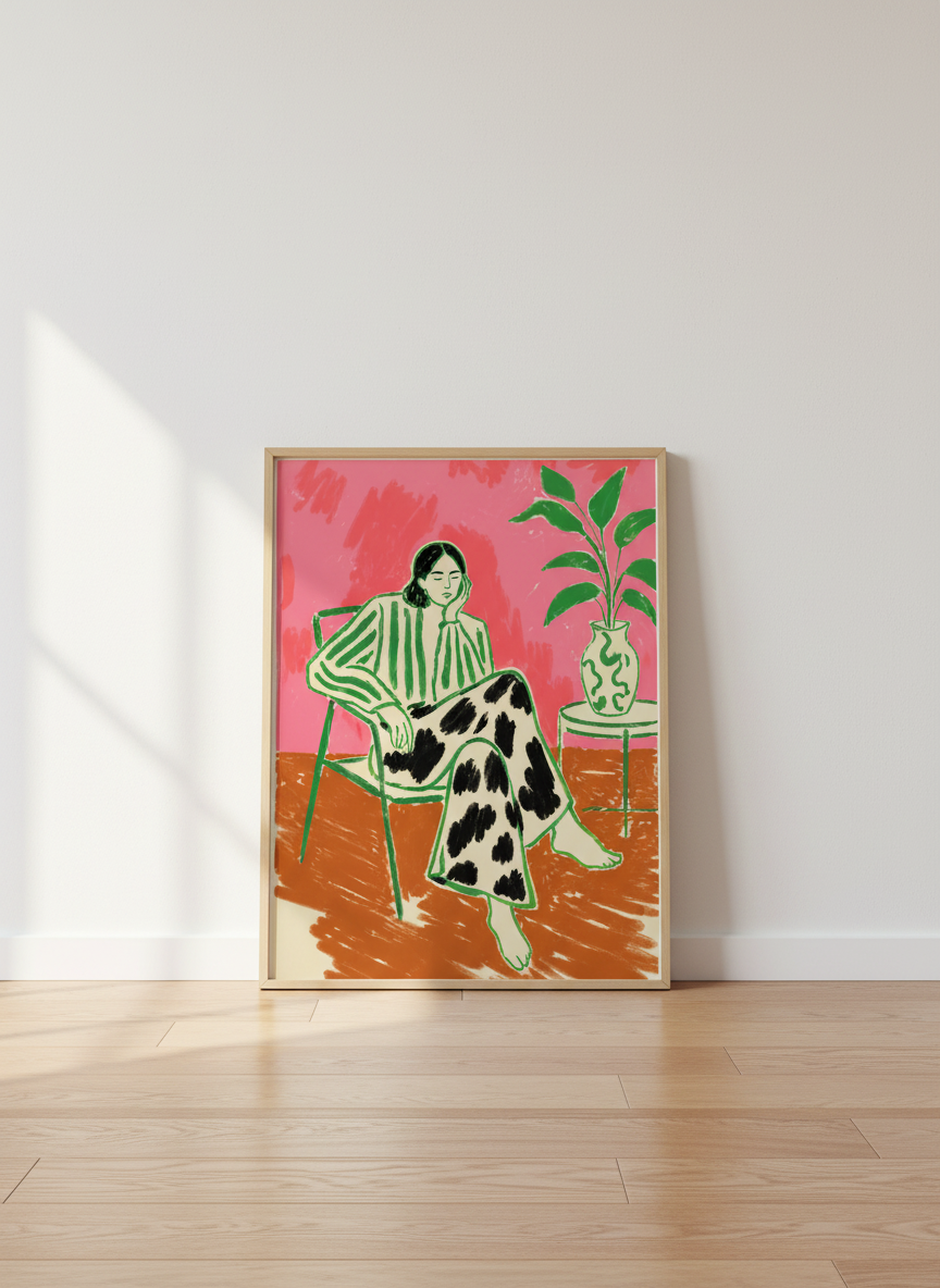 Abstract Figurative Woman Art Print | Bold Pink Green Decor | Eclectic Home Poster | Hand Drawn Wall Art | Modern Female Artwork