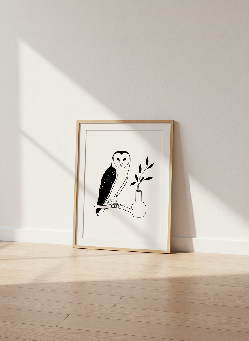 Minimalist Owl Wall Art Print | Boho Living Room Decor | Neutral Animal Poster | Cottagecore Witchy Home Art | Digital + Framed