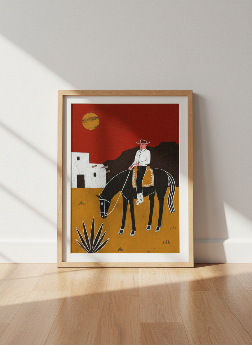Southwestern Folk Art Framed Print | Cowboy &amp; Horse Wall Art | Rustic Desert Decor | Ready to Hang Mid Century Poster