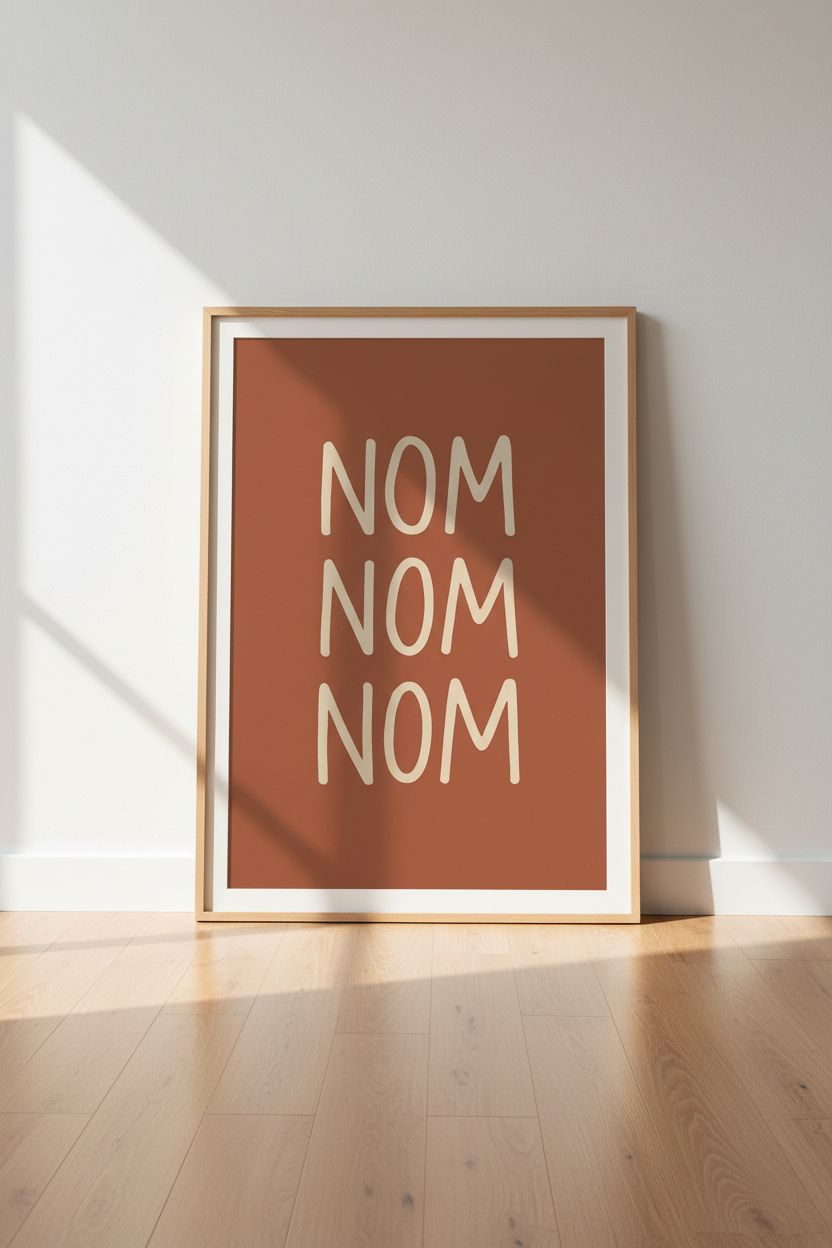 Nom Nom Nom Wall Art Print | Kitchen Dining Room Decor | Foodie Aesthetic Poster | Cute Fun Prints | Unframed Digital Framed
