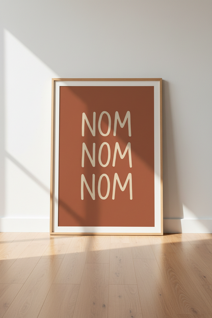 Nom Nom Nom Wall Art Print | Kitchen Dining Room Decor | Foodie Aesthetic Poster | Cute Fun Prints | Unframed Digital Framed