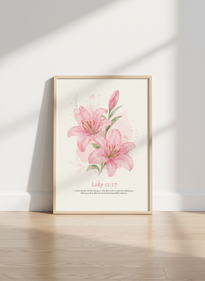 Pink Lily Watercolor Wall Art Print | Christian Bible Verse Decor | Botanical Poster