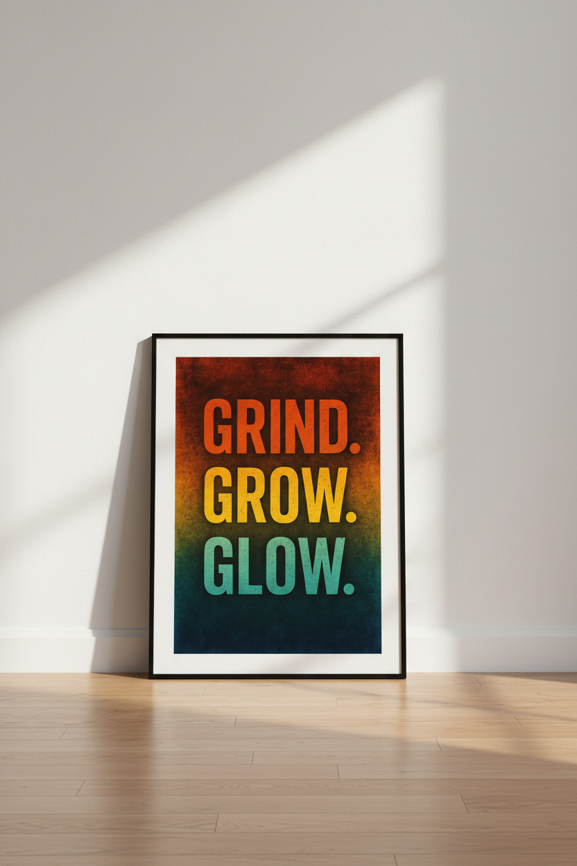 Grind Grow Glow Wall Art Print | Motivational Home Decor Poster | Inspirational Office Wall Hanging | Success Life Quote