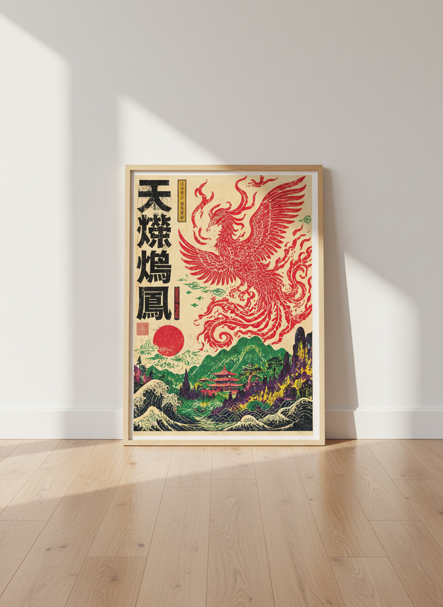 Phoenix Ukiyo-e Wall Art Print | Japanese Style Decor | Asian Aesthetic Poster