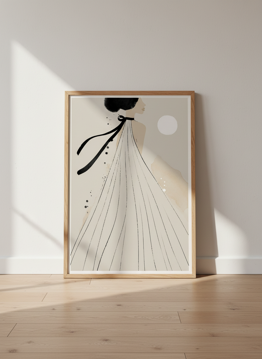 Minimalist Fashion Woman Art | Abstract Elegant Decor | Beige &amp; Black Line Art Print