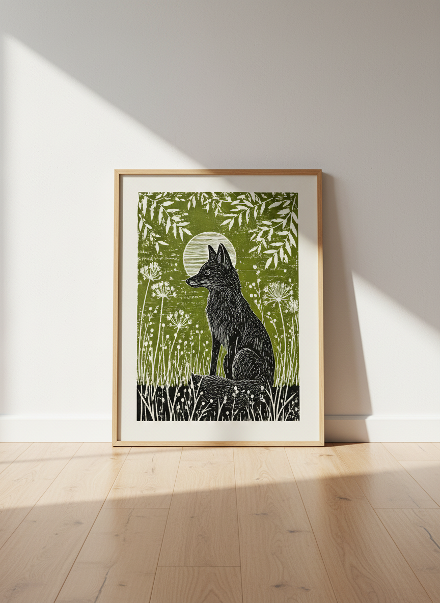 Woodblock Fox Print | Folk Art Nature Wall Art, Forest Animal Green Decor