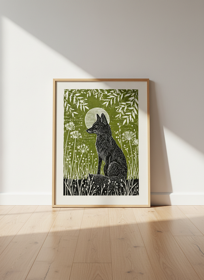 Woodblock Fox Print | Folk Art Nature Wall Art, Forest Animal Green Decor