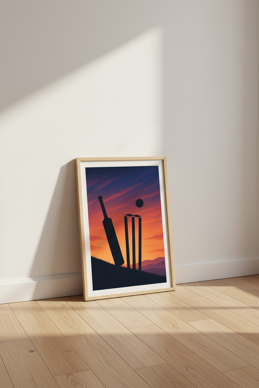 Cricket Sunset Framed Art Print | Sports Fan Home Decor | Minimalist Cricket Poster | Ready to Hang Wall Art Gift