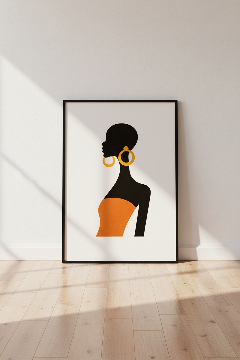 Minimalist Afrocentric Woman Wall Art Print | Bold Black &amp; Orange Silhouette Decor | Modern African Queen Poster | Home Decor