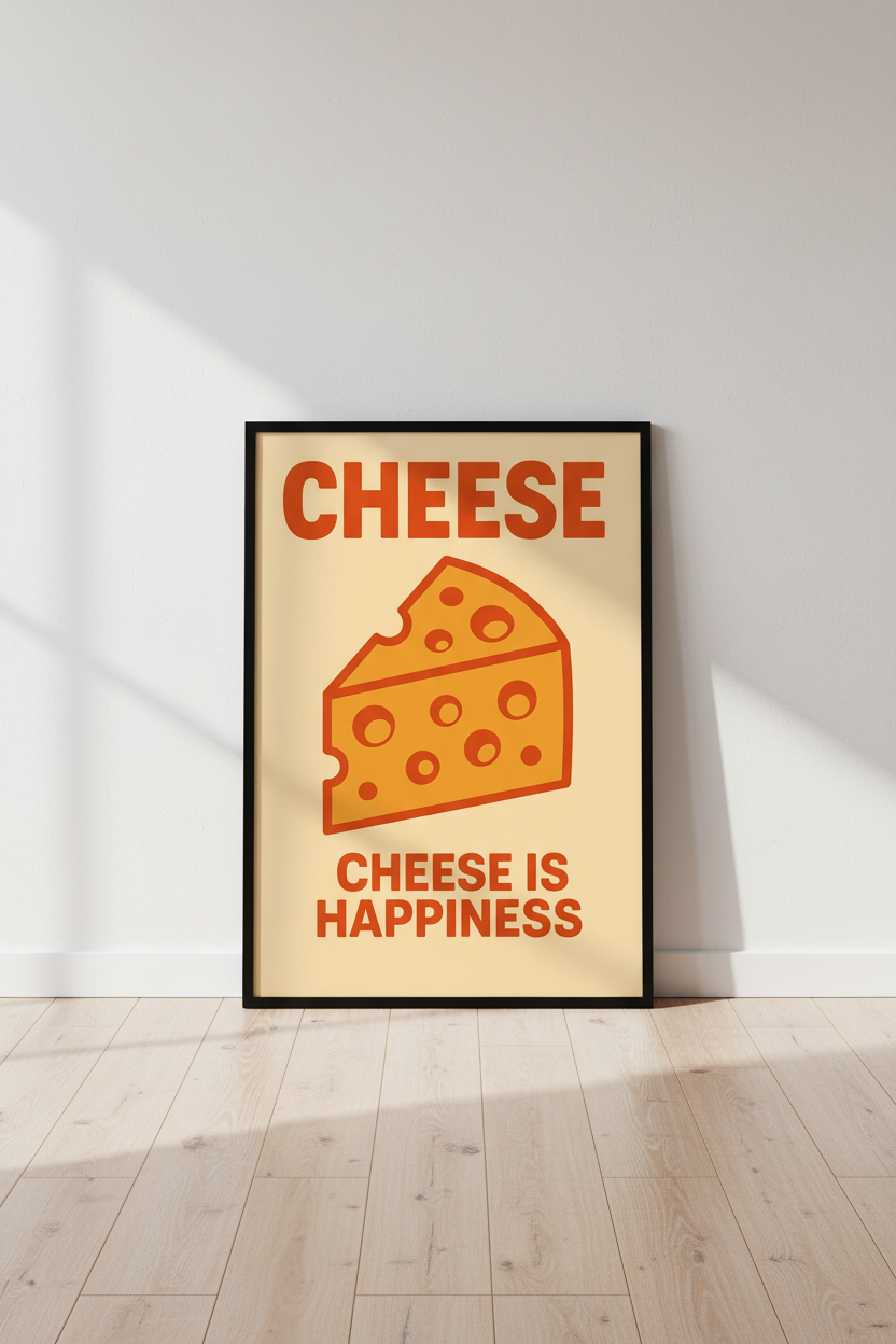 Cheese is Happiness Wall Art Print | Funny Kitchen Decor Poster | Food Pun Home Decor | Modern Dining Room Art