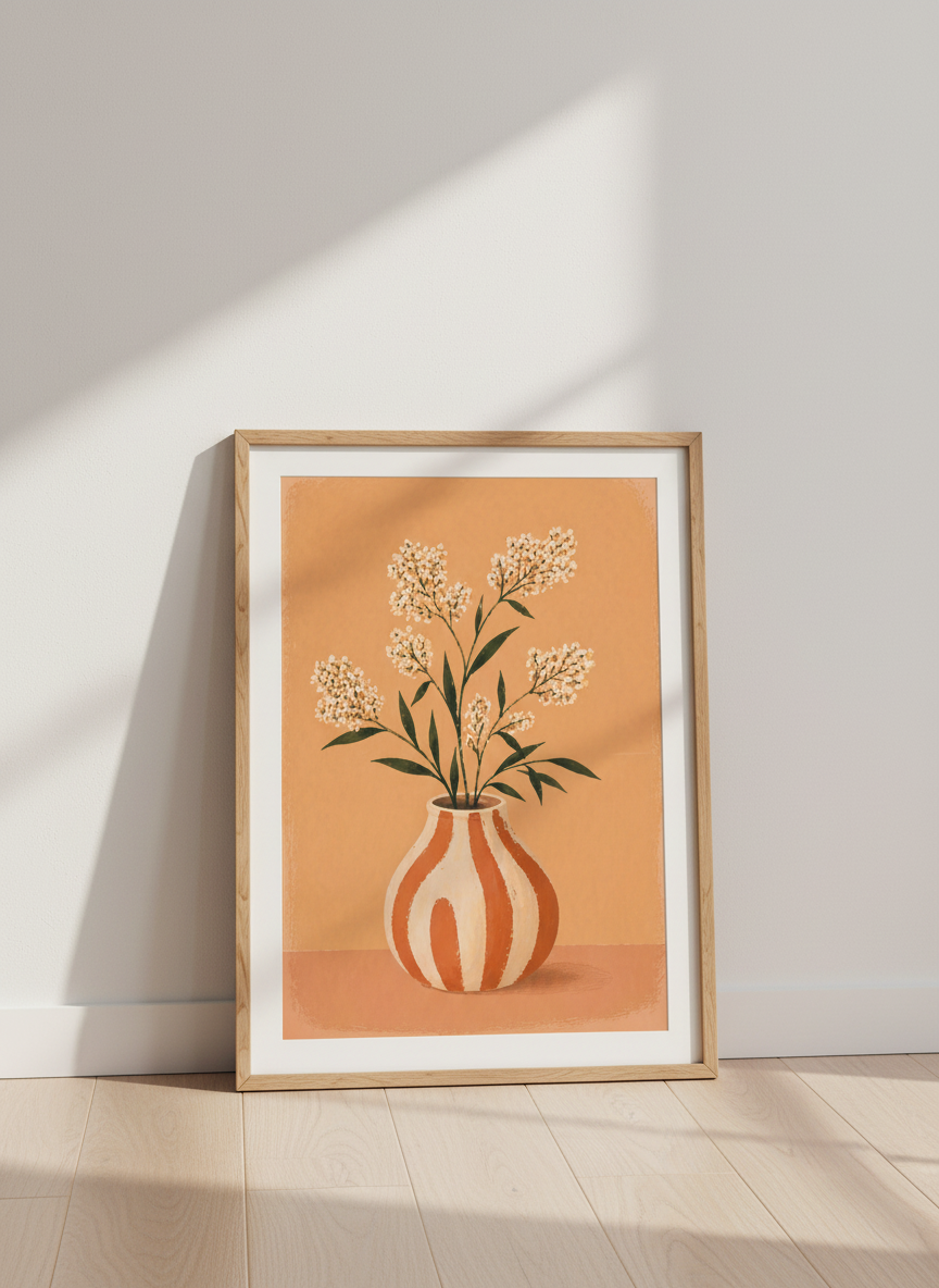 Abstract Floral Framed Wall Art with Striped Vase | Boho Living Room Decor | Warm Aesthetic Framed Poster Print