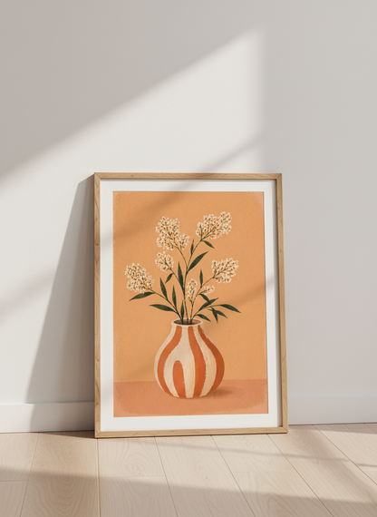 Abstract Floral Framed Wall Art with Striped Vase | Boho Living Room Decor | Warm Aesthetic Framed Poster Print