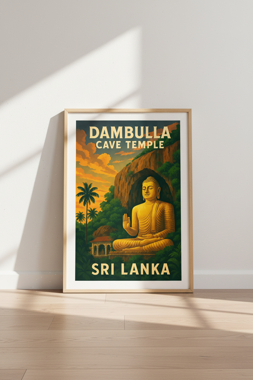 Retro Travel Dambulla Cave Temple Wall Art Print | Boho Living Room Decor | Sri Lanka Buddha Poster Gift